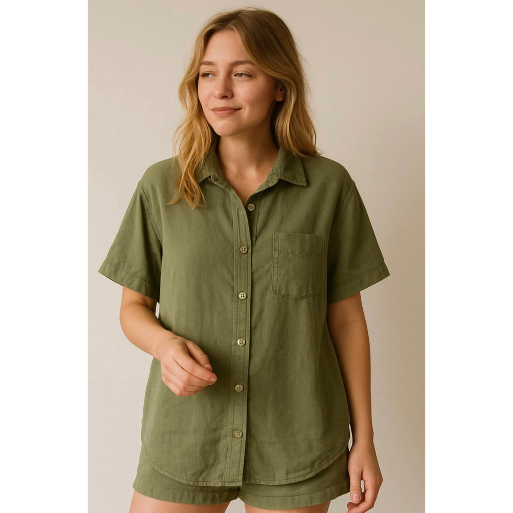 Women's Lucky Brand Green Linen Blend Button Down Shirt Lg Normcore Minimalist‎
